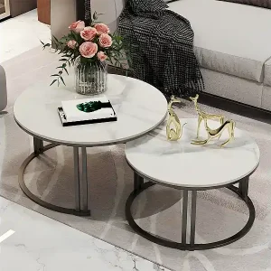 2er-Set Couchtische im Stapeldesign mit Marmoroptik und Metallgestell, rund Direktkauf