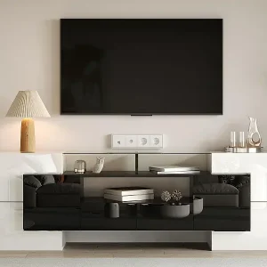 2 m langer TV-Schrank aus Holz mit 2 Schubladen und 2 offenen Regalen – Weiß und Schwarz Neu