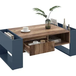 Couchtisch aus Holz mit einer Schublade und vier Ablagefächern – Wohnzimmertisch – Beistelltisch – Natur + Grau Top-Seller