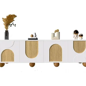 Abverkauf 4-türiger TV-Ständer – 175 x 38 x 50 cm – einzigartiges Design – Holzoptik im Antik-Look – MDF – weiß + natur