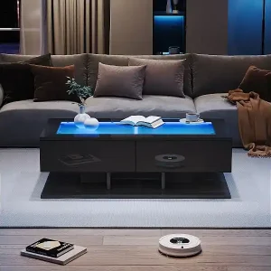 Couchtisch glänzend - 100 x 50 x 35 cm - mit 2 Schubladen + LEDs - Glasplatte - Spanplatte - Schwarz Markenprodukt