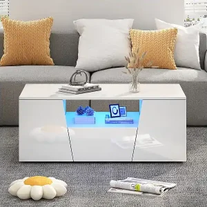 Billig Couchtisch glänzend - 100 x 50 x 40 cm - mit LEDs + 2 Türen + 1 Schublade - Spanplatte - weiß