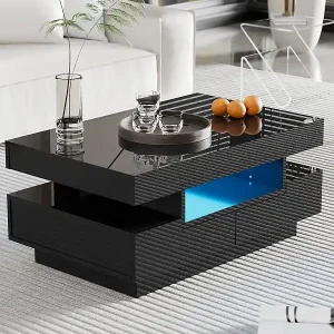 Couchtisch in Hochglanz, mit LED-Lichtleiste, 4 Schubladen vorne und hinten, Spanplattenholz, Schwarz Letzte Chance