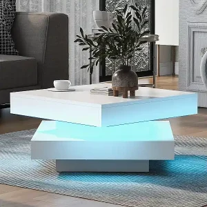 Bestpreis Hochglanzlackierter Couchtisch mit 360° drehbarer Tischplatte – mit LEDs – 70 x 70 x 36 cm – Spanplatte – weiß