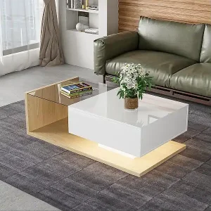 Couchtisch mit einer Schublade und Regalen – LEDs – 105 x 55 x 32,5 cm – Spanplatte – glänzendes Weiß und Holz Neue Kollektion