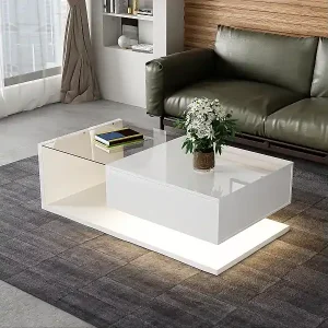Couchtisch glänzend - 105 x 55 x 32,5 cm - Beistelltische mit Glas + LEDs + 1 Schublade - Spanplatte - Weiß Beliebt