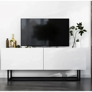 Zertifiziert Meuble TV avec 2 portes - corps Blanc mat, façades Blanc mat - 120 cm, Cadre en métal noir