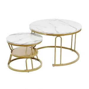2er Set Couchtische, Satztisch, rund, Marmorplatte, U-förmiges Eisenbein, D70x45+D45x40cm gold Direktkauf