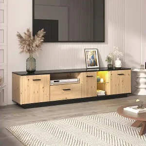 Zertifiziert LED TV Schrank 15 Lampen - TV-Board mit 1 Schublade + 3 Türen + 2 Fächer schwarze Dachplatte - natur 180x40x45cm
