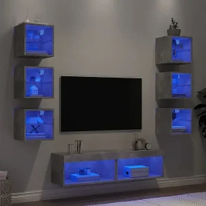 8-tlg. Wohnwand mit LED-Beleuchtung Betongrau Holzwerkstoff Nur Für Kurze Zeit