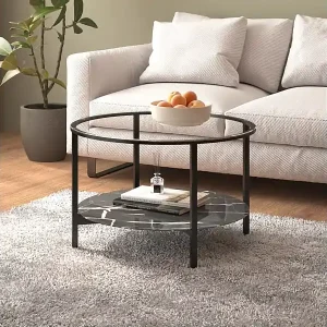 Top-Seller Beistelltisch Schwarz und Schwarze Marmor-Optik 70 cm Hartglas